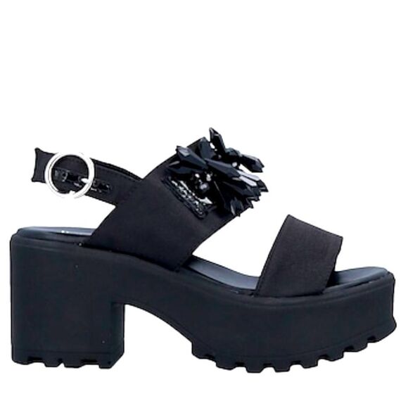 Black Wide Strap Spiked Crystals Platform Open Toe Heel Sandals NEW - Picture 2 of 4